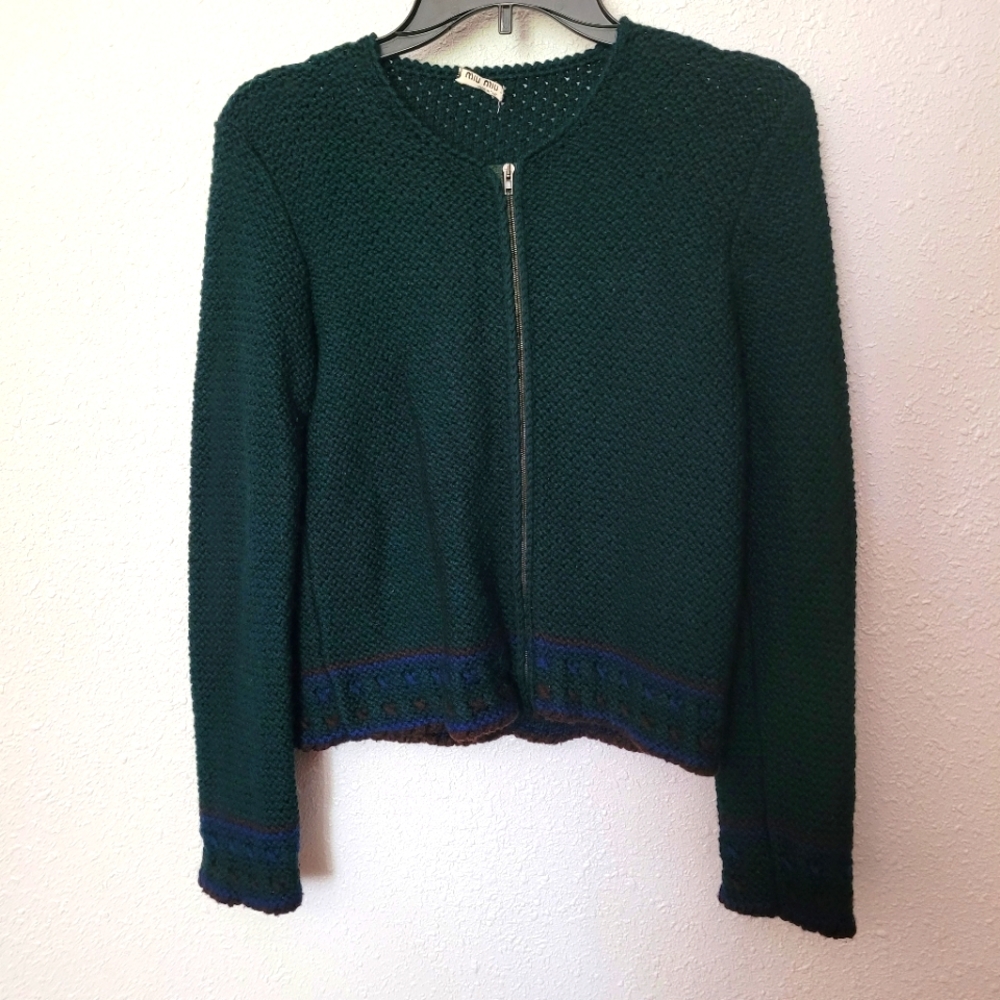 Green Knit Miu Miu Zip Up Sweater